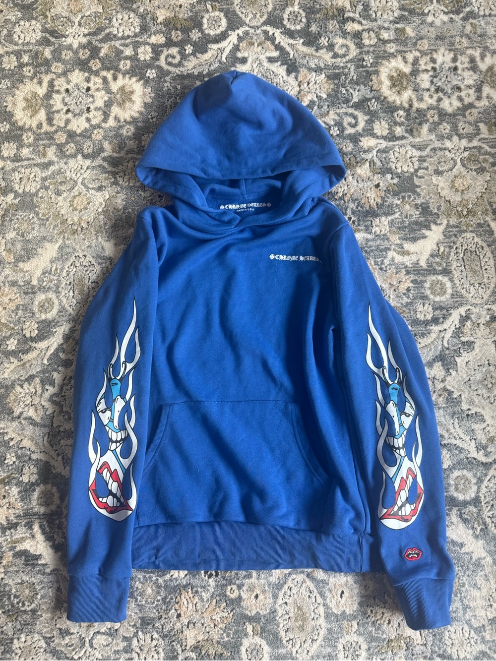 Chrome Hearts Blue Hooded Sweater with Flame Skull Sleeve Graphics